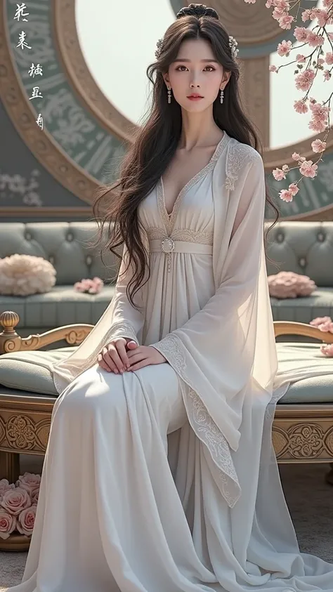 arafed asian woman in white dress sitting on a bed, white hanfu, palace ， a girl in hanfu, hanfu, long flowing white robe, wearing long white robe, full body xianxia, wearing white silk robe, flowing white robes, with acient chinese clothes, flowing hair a...