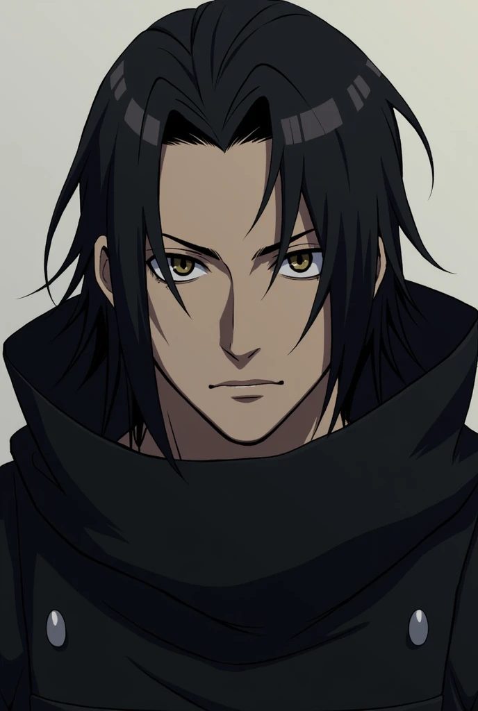 young man  cold look. It reflects a lot of seriousness and determination. long black fur. with a few hairs covering his forehead. He has a scar on his eyebrow, dressed in a black apron that covers him up to his neck. anime style