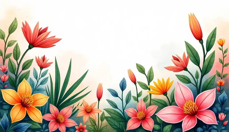 Hand drawn illustration, A playful, rich and colorful, brisk, Hand drawn illustration, A playful, rich and colorful, brisk,Hand drawn plants.watercolor pastel tones+Large area flat illustration. nobody.Leave a large area of white space in the middle