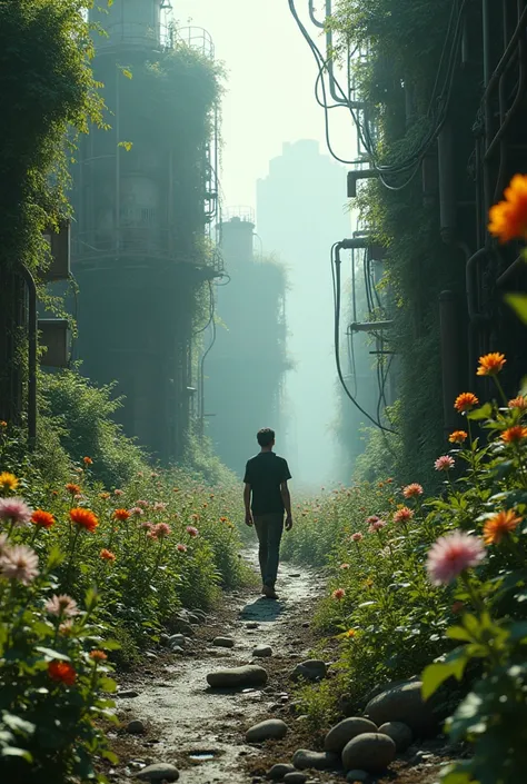 A character walks through a landscape of technological ruins, where the broken machinery and wires are gradually overtaken by blooming plants and flowers. As they move forward, the once-lifeless environment springs to life, symbolizing resilience and hope....