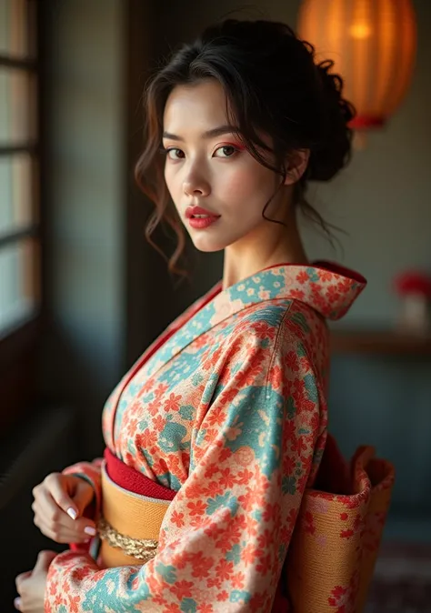 masterpiece, (Highest quality), 8k,(((Very detailed))), Race:1.8, Super intricate Race pattern, colorful Race pattern, (Orchid style beautiful and cute floral kimono:1.5), (Both shoulders are exposed:1.3),Japanese Kimono, Half naked, Half undressed, 1 fema...