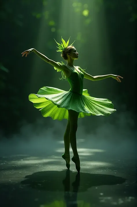 "A vibrant green leaf shaped like a dancing figure with delicate arms and legs, standing on a reflective surface, surrounded by a soft, dark background. The leaf figure appears poised in a graceful dance pose, resembling a dancer performing a ballet move. ...