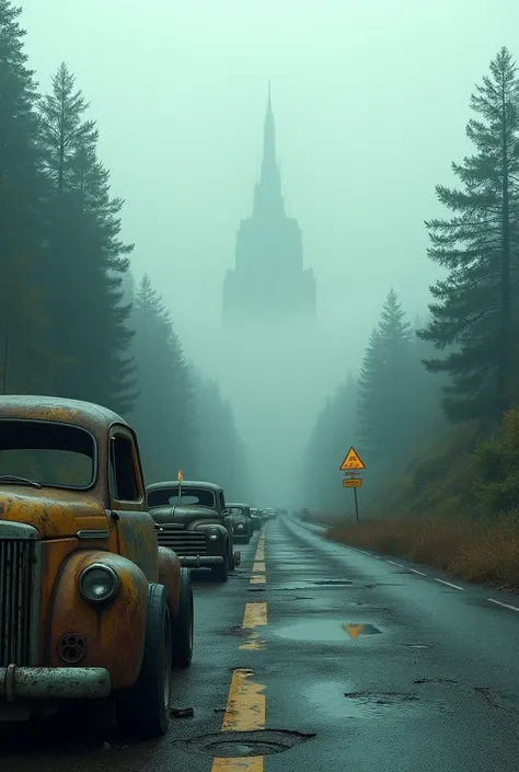 High quality image and a good highway with two lanes and two lanes on each lane abandoned with dense vegetation and some potholes.with dense fog and clouds.a queue of abandoned and rusty cars. A danger sign. At the end of the road a city