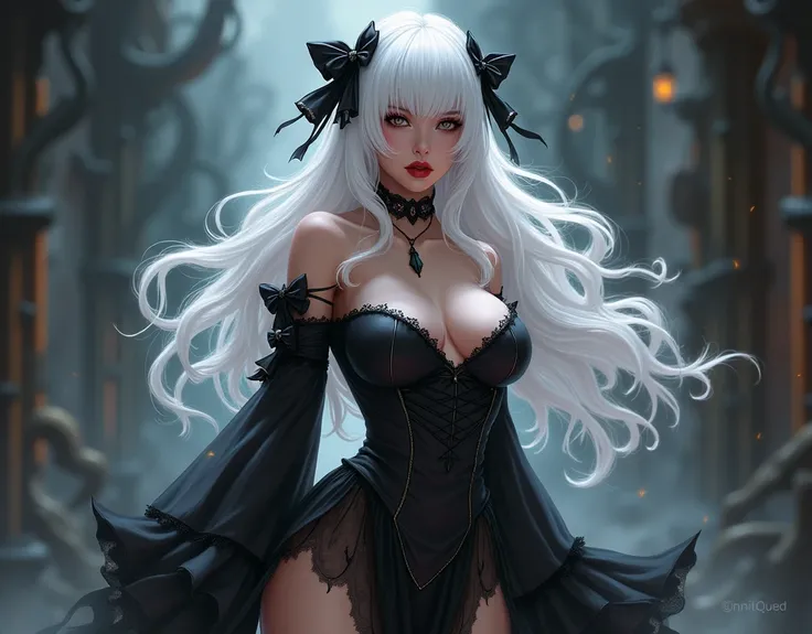 sharp, Best details, Excellent quality, full body, Realistic, Fantasy, beautiful, White hair with black highlights decorated with a black bow, Red, seductive lips, ชุดเสื้อผ้าfull bodyสีดำและขาว, skirt, tights, Pose, Magic Effect, The most suitable backgro...