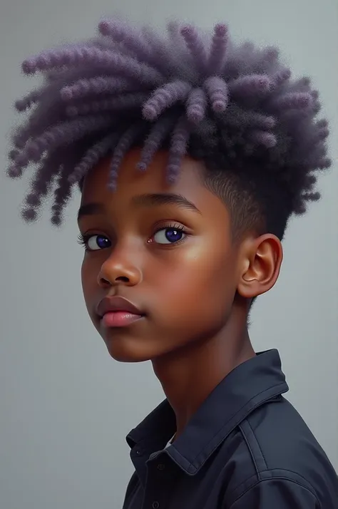 Boy with grayish purple afro hair, brown skin, grayish purple eyes and age between 16-18 years 
