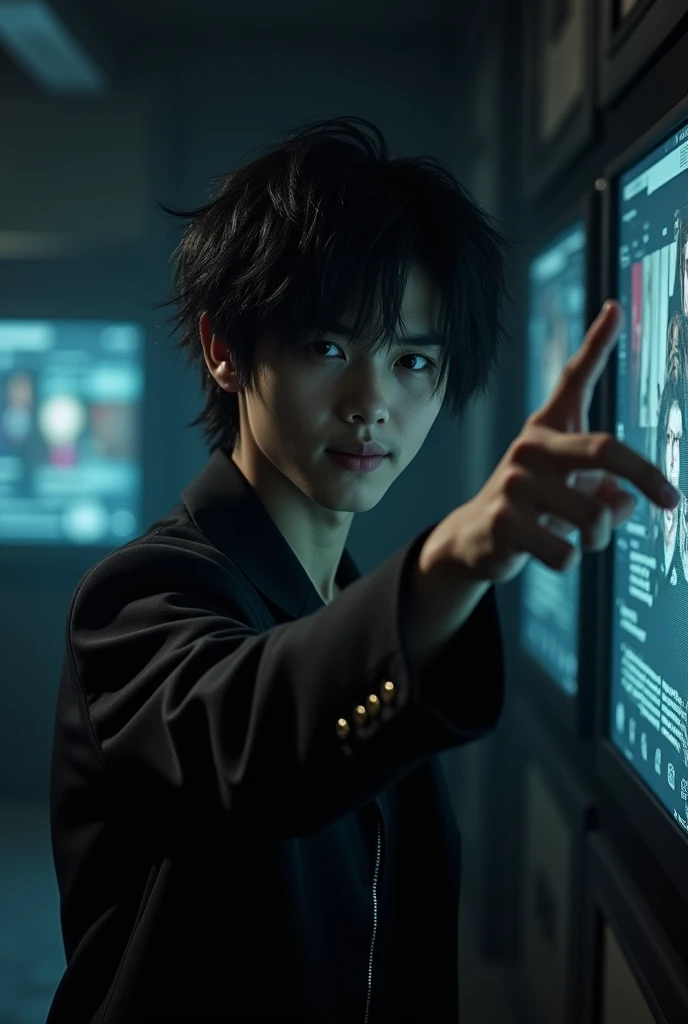 Young man with a sadistic smile, black hair pointing at the screen