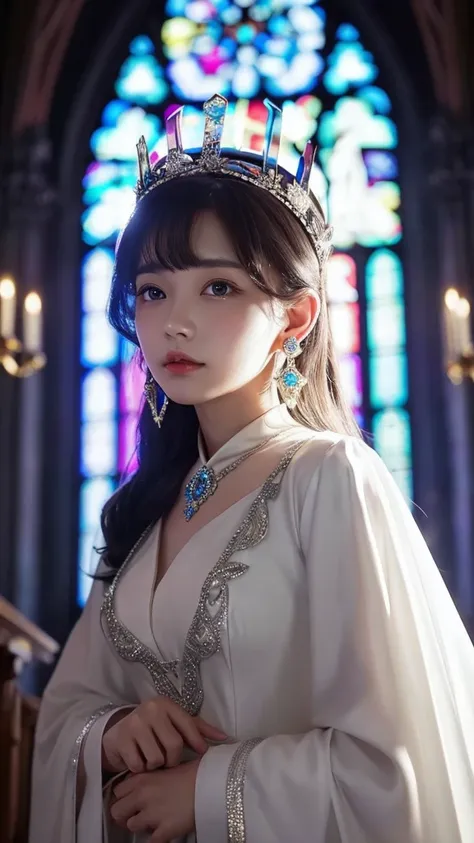 masterpiece, Pointy Ears, Earrings, Headpiece, accessories, Crown, Backlight, abstract, church、goddess、Creepy、front、White clothes、Halo
