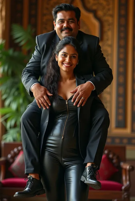 Create a realistic photograph of a smiling and beautiful indian woman in black leather suit carrying a tshirt wearing large stout man on her shoulder , in a exotic room, man is sitting on top of her shoulder, man on top, woman standing at bottom 