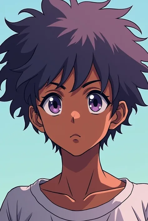 Boy with grayish purple afro hair, brown skin, grayish purple eyes and age between 16-1 anime 80s

