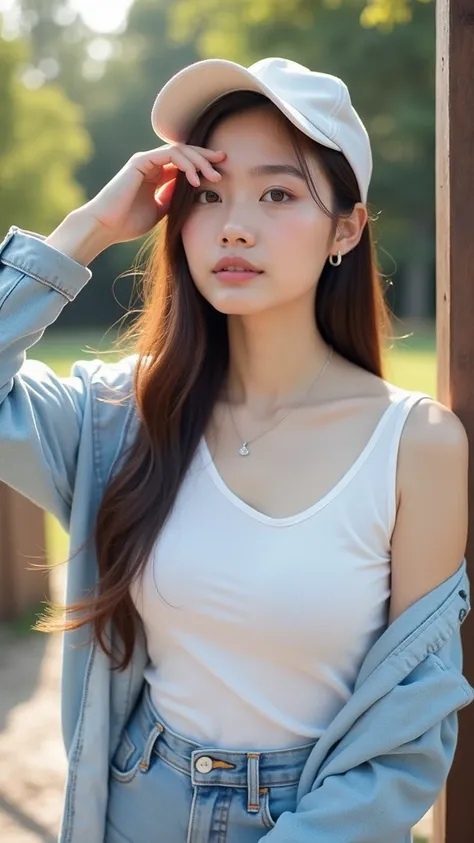 sitting, white tank top, light blue denim shorts, light blue jacket draped over shoulders, white cap, long straight hair, minimalist silver necklace, casual pose, looking into the distance, smooth skin, outdoor natural scenery with trees and greenery, brig...