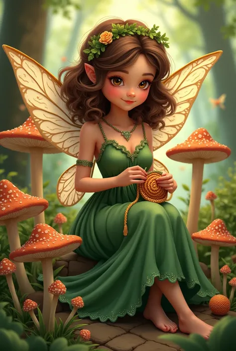 A fairy with medium curly brown hair, honey brown eyes, Craftswoman, crocheting, with green and brown dress, with mushrooms, logo style