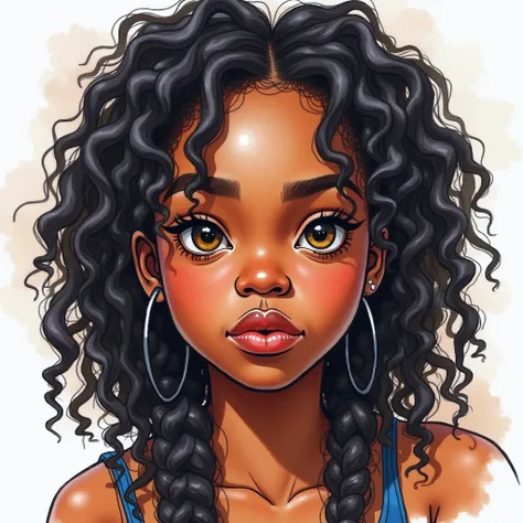 painting of a woman with a curly hair in her hair, inspired by Chinwe Chukwuogo-Roy, pretty black girl, african american girl, black teenage girl, medium close up, watercolor portrait, trending on artstration, frowning, apathetic, shiny curly braids, highl...