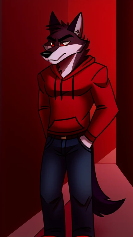 (masterpiece, best quality:1.2),  Vortex male hellhound, black fur, wolves, furry, helluva boss, sad face, wearing blue jeans and white t-shirt with red sweatshirt, full body image, hell streets background