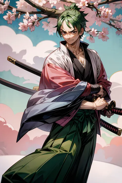 1male, Adult, Hakama, Green Hair, Short Hair, Smirk, Katana, Sakura Trees, One Piece, Wano, Samurai, Japanese Setting, Black Eyes