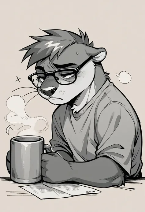 otter, with glasses, tired, with a mug a coffe