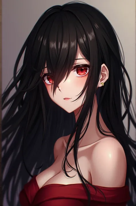 kurumi tokisaki, Del anime Date a live, A girl, alone , Red eyes, black hair, Long hair, of collections, hair over one eye, smile, naked 