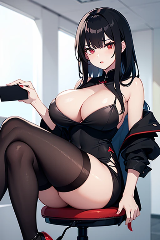 1 cute girl with white skin and black hair and red eyes wearing a black low-cut dress with white details with white high heels with big tits and ass sitting on a chair in an office showing her breasts 