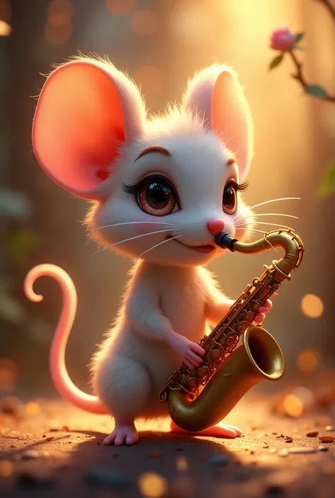 cute chibi mouse playing saxophone, beautiful detailed eyes, beautiful detailed lips, extremely detailed eyes and face, long eyelashes, highly detailed, intricate, digital illustration, cinematic lighting, vibrant colors, warm lighting, soft textures, whim...