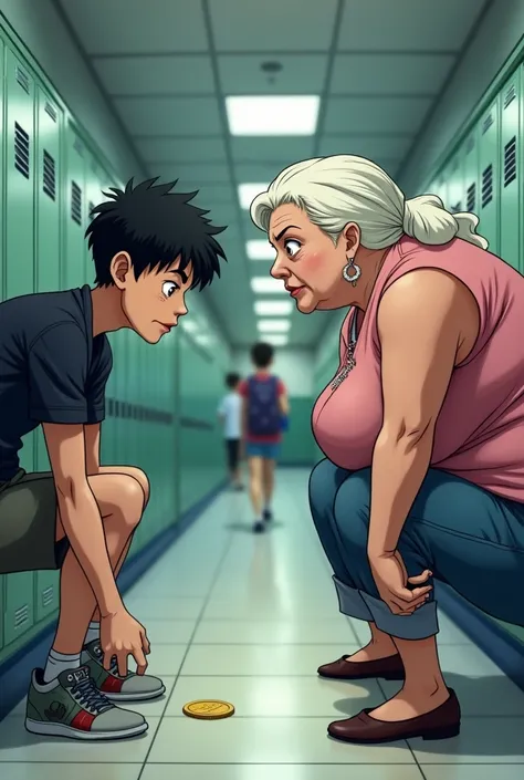 scenery:high school hallway Characters:

7 teacher,perverted,fea,old and fat woman in love with her student Student,young guy,sexy attractive, Partially muscular and popular , marked features,moreno,thick eyebrows,yellow eyes and black hair Action:

Studen...