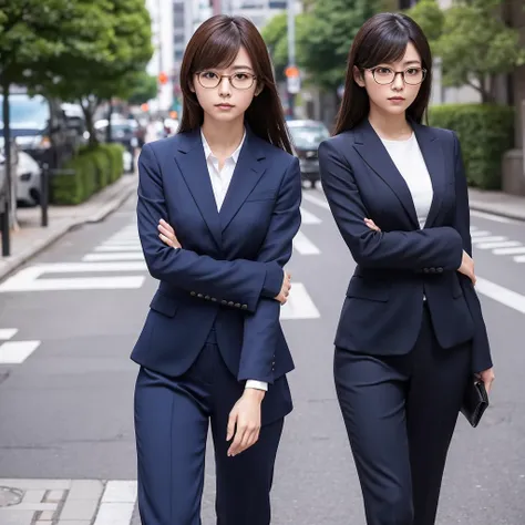 One woman, similar to Arimura Kasumi, facing forward, female in her 20s, Japanese, intelligent, square glasses, figure from the knees up, stylish suit, hands clasped in front, no jutting jawline 