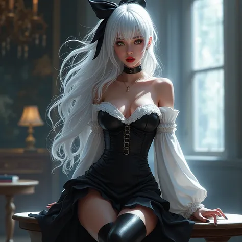 sharp, Best details, Excellent quality, full body, Realistic, Fantasy, beautiful, White hair with black highlights decorated with a black bow, Seductive red lips, ชุดfull bodyสีดำขาว, skirt, tights, Seductive poses, Magic Effect, The most suitable backgrou...