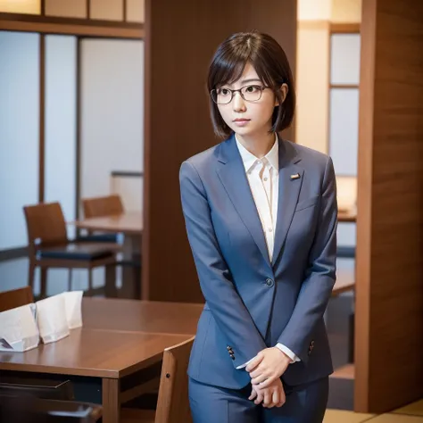 One woman, similar to Arimura Kasumi, facing forward, female in her 20s, Japanese, intelligent, square glasses, figure from the knees up, stylish suit, hands clasped in front, no jutting jawline 