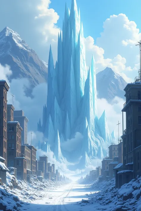 City covered in snow. destroyed by many pointed ice pieces. This city surrounded by mountains. And in the center of the chaos, a tower that cannot be seen, with the entire city above it destroyed with smoke and much destruction.. anime style