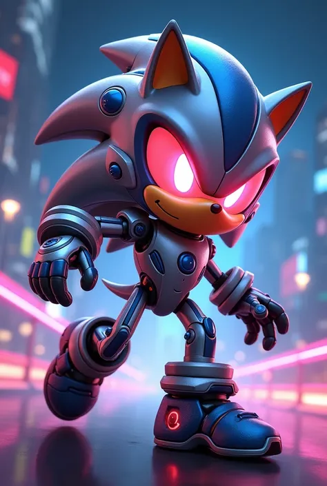 Desenhe uma skin do Stu do jogo brawl stars, inspired by Metal Sonic. Stu should have a metallic and futuristic appearance, with a silver body and dark blue accents, similar to Metal Sonic. Include elements like glowing red eyes and a streamlined design th...