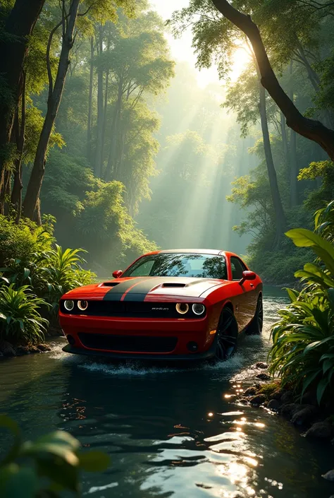 Dodge Challenger in dense jungle beside river
