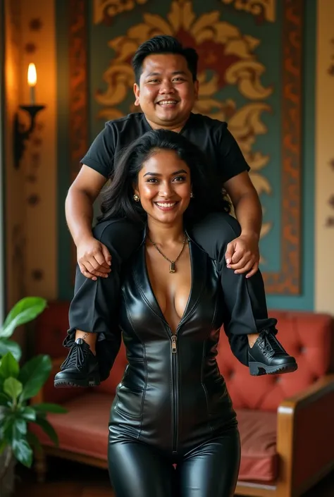 Create a realistic photograph of a smiling and beautiful indian woman in black leather suit carrying a tshirt wearing large stout man on her shoulder , in a exotic room, man is sitting on top of her shoulder, man on top, woman standing at bottom 