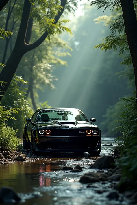 Deep black Dodge Challenger in dense jungle beside river
