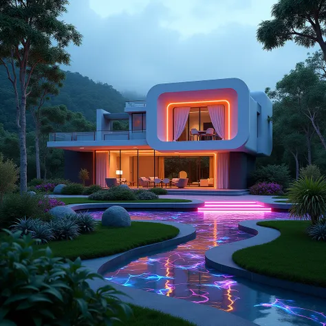 Imagine a sleek, futuristic house embedded with glowing neon accents, surrounded by lush gardens and holographic projections of digital art.