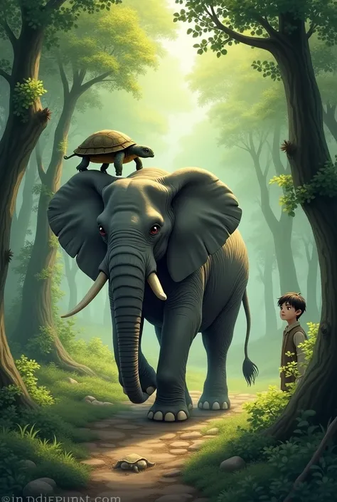 Meanwhile, the elephant used his trunk to lift the turtle and took him to a safe place. The turtle was now free, and he thanked his friends. The hunter, tired from chasing the deer, eventually gave up and left the forest.