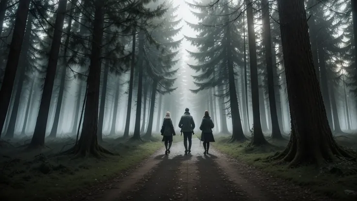 The three friends walking through a dark forest, illuminated only by a powerful lantern revealing dense trees and twisted branches all around. a light fog on the ground and eerie shadows of the trees.