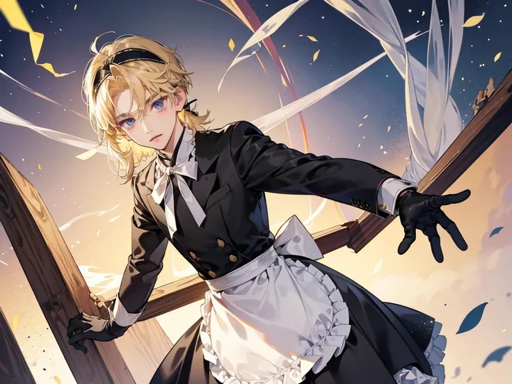 Maid clothes、cute、Shota、cute、Beautiful Boy、Long blonde、cool、neutral、Handsome、male、Big ribbon、Hair that sparkles in the light、Fluffy skirt、cuteなお尻、Headband、Black gloves