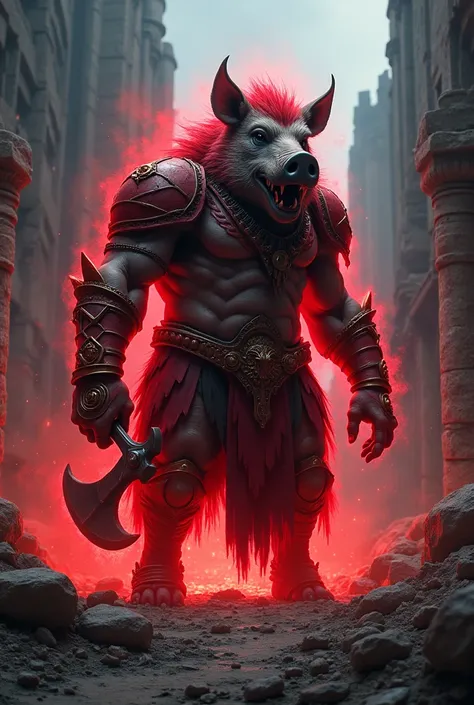 4k, a boar wearing red humanoid armor,marah,mouth open,red power flows through his body,carry an axe, standing on the ruins of an ancient civilization, high resolution, best quality,super details,horror, Photorealistic,night