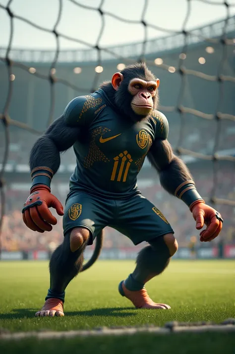 A monkey doing goalkeeping in football match and monkey should be like badass