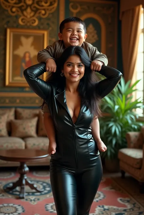 Create a realistic photograph of a smiling and beautiful indian woman in black leather suit carrying a tshirt wearing large stout man on her shoulder , in a exotic room, man is sitting on top of her shoulder, man on top, woman standing at bottom 