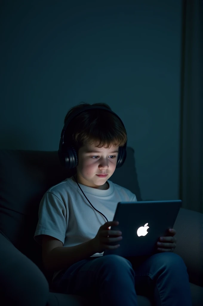 A boy listen a podcast in dark room with white background light for company insta profile 