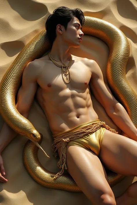 Hyper realistic, Masterpiece, detailed, 8k, young handsome muscular japanese man, shirtless, lyingbon his back on a sand, he is wearing gold chain costume and gold underwear, huge g snake coiled around his body. Dramatic, cinematic, emotional