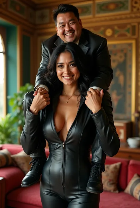 Create a realistic photograph of a smiling and beautiful indian woman in black leather suit carrying a tshirt wearing large stout man on her shoulder , in a exotic room, man is sitting on top of her shoulder, man on top, woman standing at bottom 