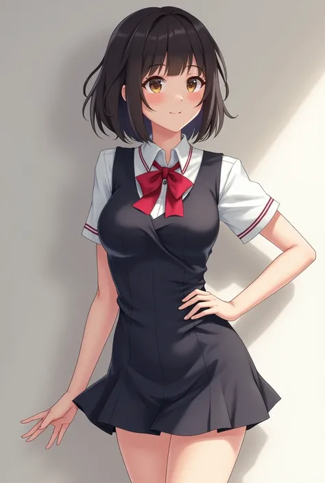 Please generate a sexy, fair-skinned, erotically cute woman in her early 20s. Japanese. Miniskirt. Uniform. Bob hair. Cute.
