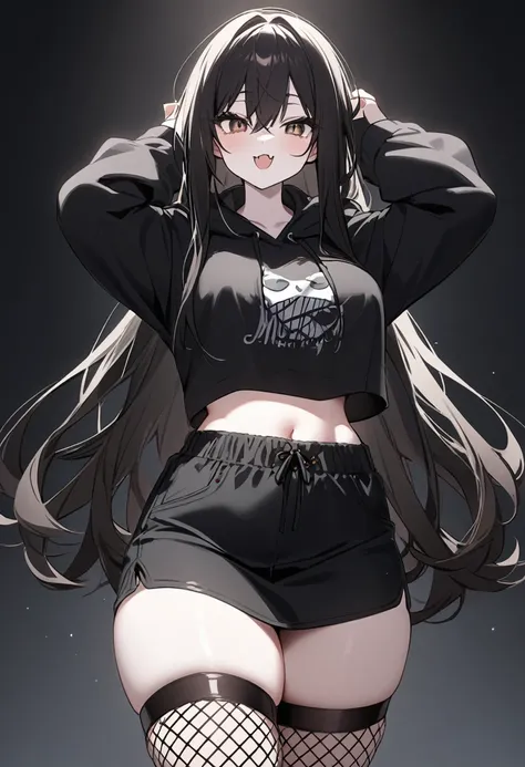 A character with long black hair wears a crop top, g string and fishnet leggings. The character is standing with arms raised slightly outward, against a plain background. Cute fang. The atmosphere appears playful and casual, thick thighs, wearing a black h...