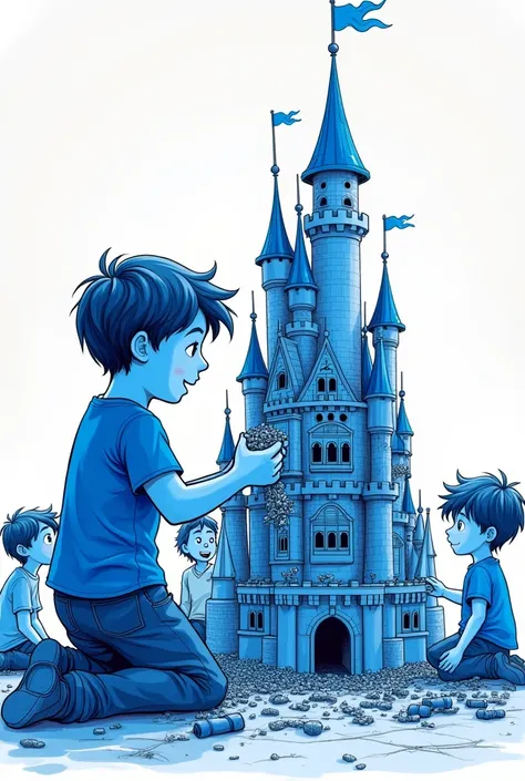 Blue sketch of a boy creating a castle with LEGO blocks with many more children all happy (only the boy should be blue)