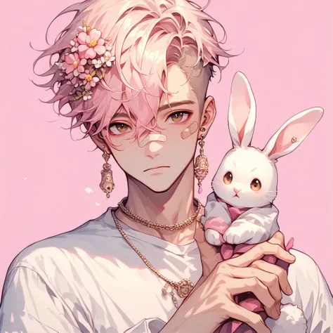 pastel style, 1boy, brown eyes, flower, male focus, pink background, jewelry, pink hair, earrings, looking at viewer, bunny, hai...