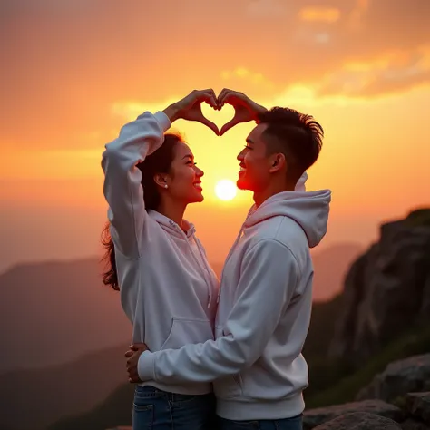 realistic photo of a beautiful and handsome young Indonesian couple wearing white hoodies standing on a rock outcropping at sunset. The sun is directly overhead in the middle of their heart-shaped hands above their heads, with a gradient sky background tha...