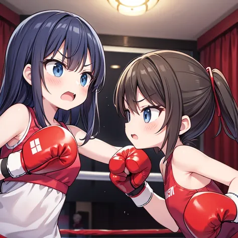 Hotel Suite、Two kids wearing boxing gloves are punching each other、Angry expression