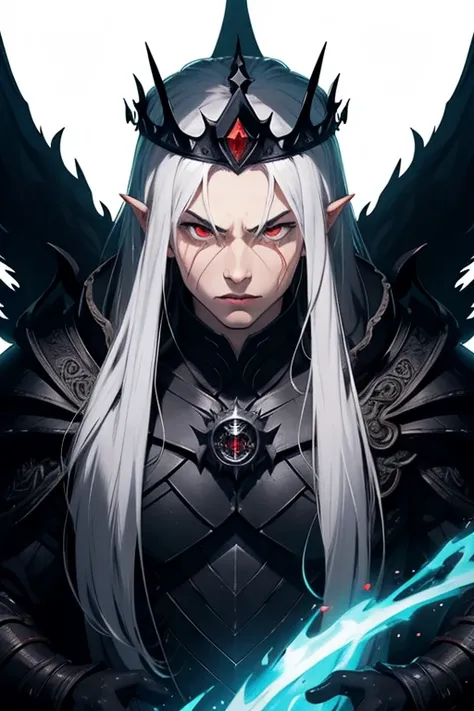 draw a picture of sauron: lord of darkness, handsome asian young man aged 25 stern face, has long white hair, red eyes, wears a crown of darkness, wears a fierce armor of darkness, has a mystical aura that, using Saurons crown of darkness black fierce shap...