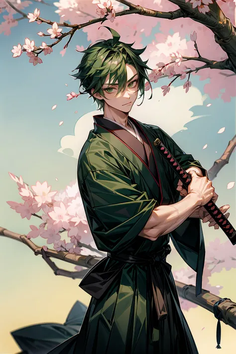 1male, Adult, Hakama, Green Hair, Short Hair, Katana, Sakura Trees, Samurai, Japanese Setting, Green Eyes