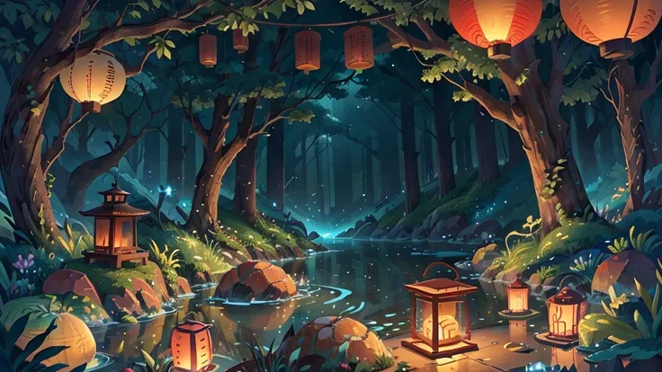 1.Place the river lanterns next to the river.，cave，(((Kongming Lantern Wishing Lantern)))Many sky lanterns are lit on the water., Floating lights, Lights and reflections, bright lights! Metaverse Intermediate Elements，number, bright reflections, Think. Aut...